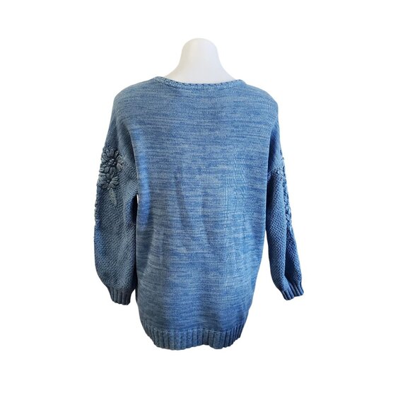 Soft Surroundings Blue Embroidered Floral Cotton Knit Sweater V-Neck Size Med - Picture 6 of 12